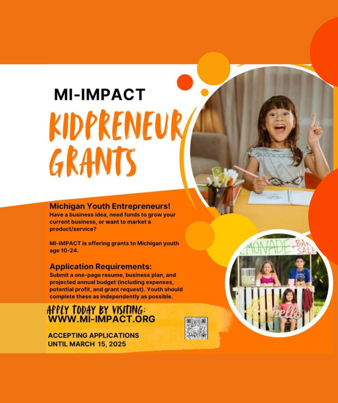Kidpreneur-young-entrepreneur-grants-MI-IMPACT_2 Kidpreneur MI IMPACT grants for young entrepreneurs in Michigan from ages 10 to 24 flyer