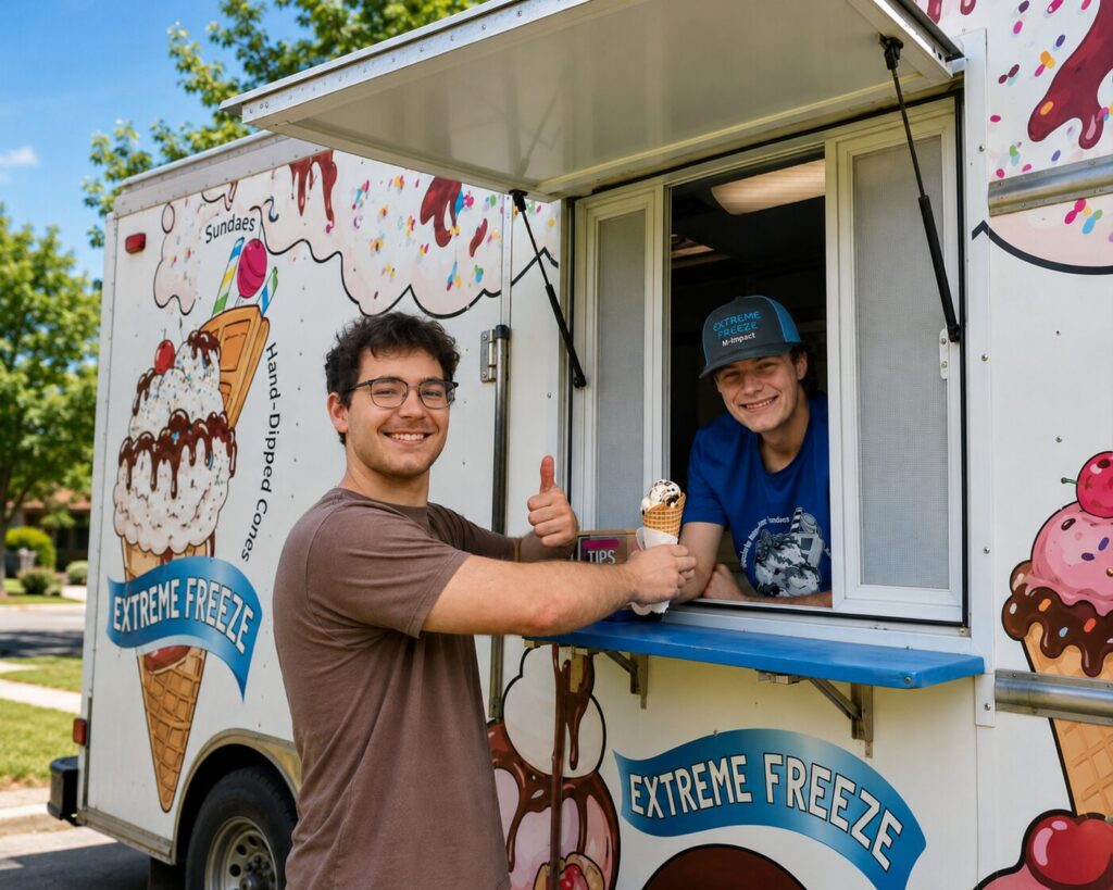 Young entrepreneur serving an ice cream cone from the window of his Extreme Freeze trailer