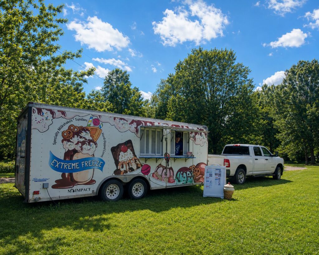 The Extreme Freeze ice cream trailer, a MI-IMPACT young entrepreneur's business, set up in a park